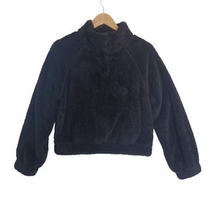 Aeropostale XS Cropped Teddy Bear Snap Neck Pullover Black Kangaroo Pocket NEW